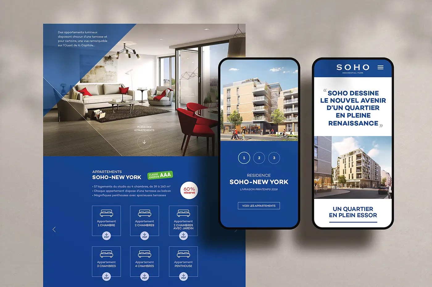 pages du site internet du parc immobilier Soho, focus sur le mobile design