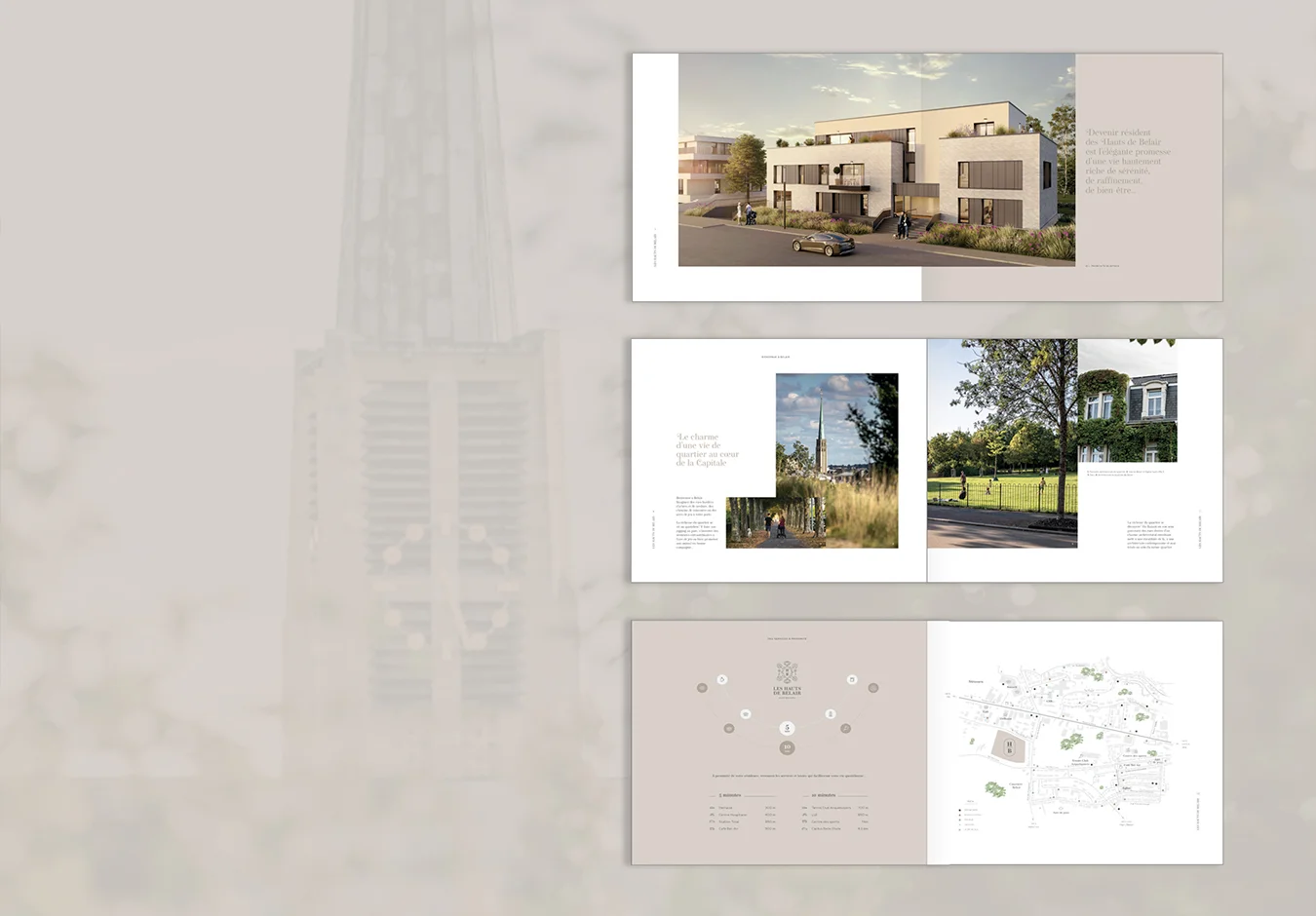 Mises en page intérieures des brochures Les Hauts de Belair : typographie, composition et direction artistique.