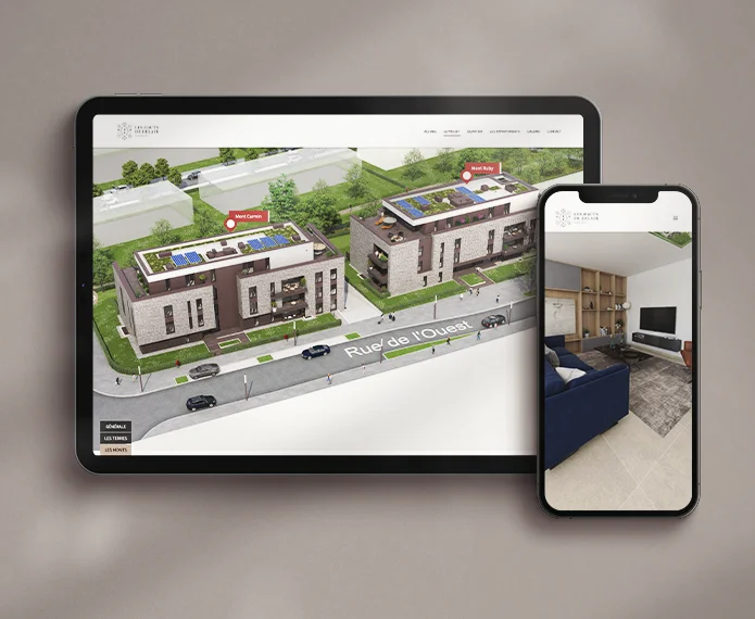 Vue du site web interactif des Hauts de Belair sur tablette et smartphone, présentant la maquette 3D et la visite virtuelle des appartements.