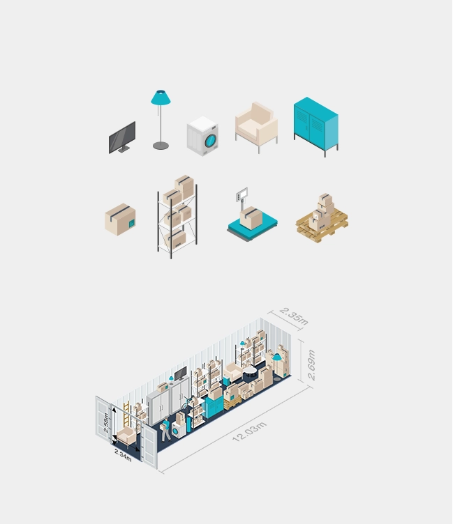 Création de mobilier pour isométrie de box de stockage à Metz pour Zenith Immobilier, marque de Zenbox. 
