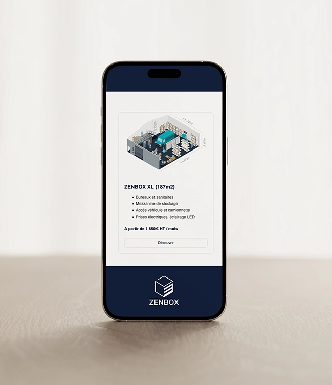 Zoom sur version mobile des isométries de Zenbox, containers de stockage.